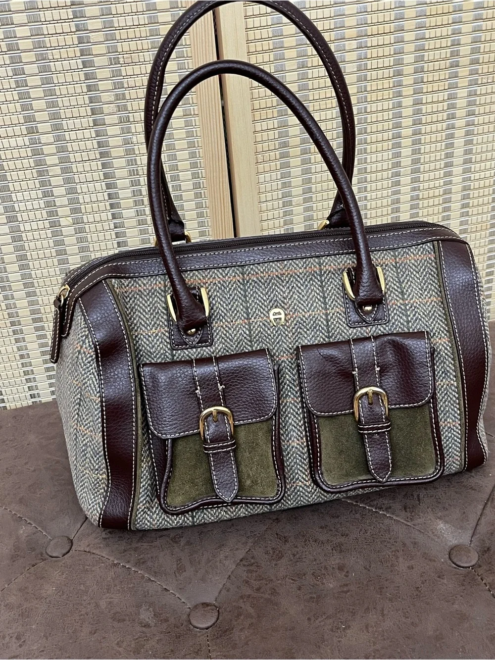 Etienne Aigner Brown Leather & Olive Tweed Satchel